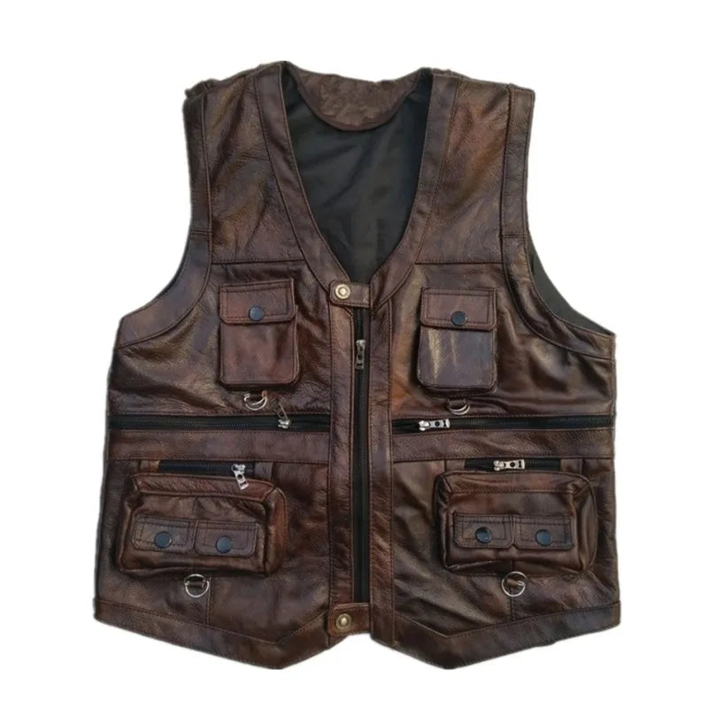 Cowhide Genuine Leather Vest Men Brown Waistcoat Male Sleeveless Jacket Thick High Quality Motorcycle Vest Multi Pocket Zipper