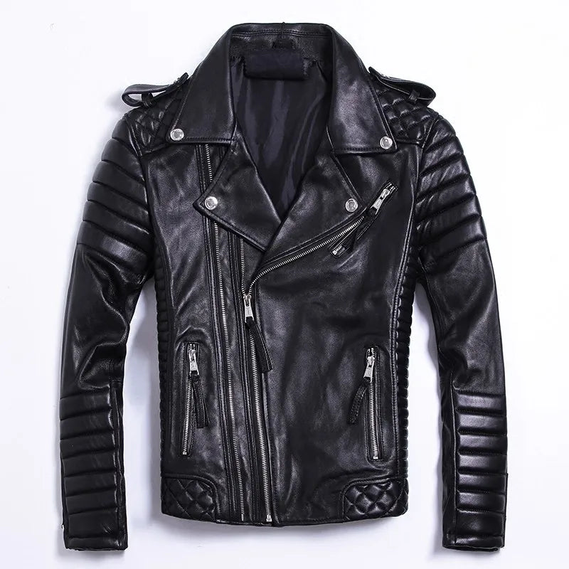 Luxury Black Plus Size Classic Sheepskin Natural Leather Jackets Mens Genuine Leather Jacket Fashion Slim Moto Coats Male