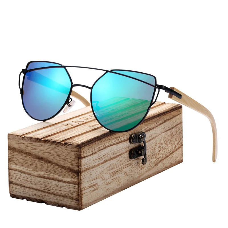 BARCUR Bamboo Cat Eye Sunglasses Polarized Metal Frame Wood Glasses Lady Luxury Fashion Sun Shades With Box