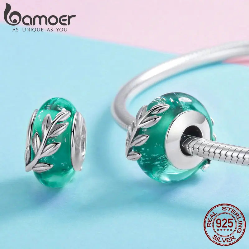 BAMOER Genuine 925 Sterling Silver Tree Leaves Green Leaf Murano Glass Beads Fit Charm Bracelets & Bangles DIY Jewelry SCC863