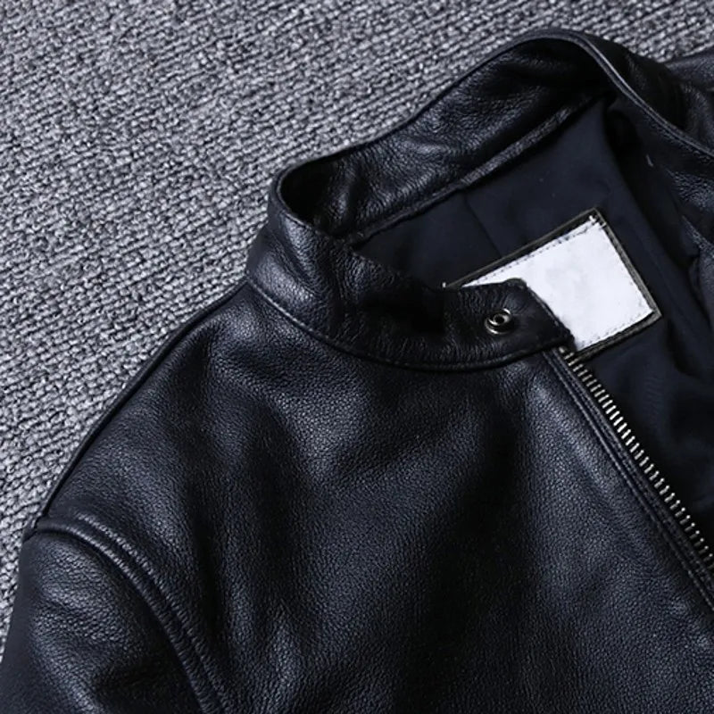 Plus Size 5XL Casual Leather Jacket Men Stand Collar Black 100% Cowhide Jackets Male High Quality Mens Genuine Leather Jacket