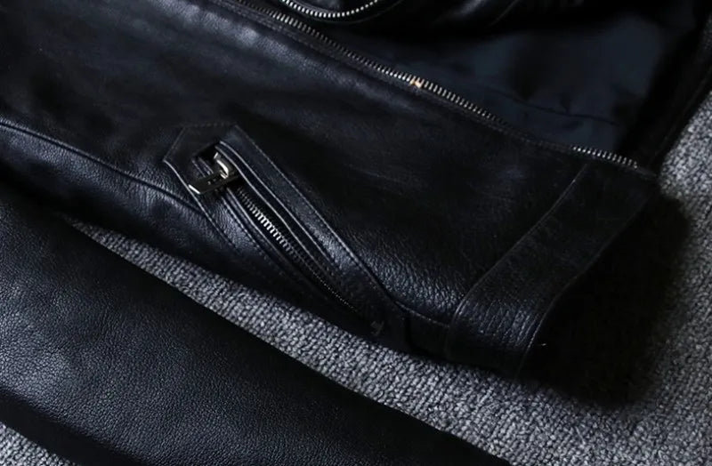 Plus Size 5XL Casual Leather Jacket Men Stand Collar Black 100% Cowhide Jackets Male High Quality Mens Genuine Leather Jacket