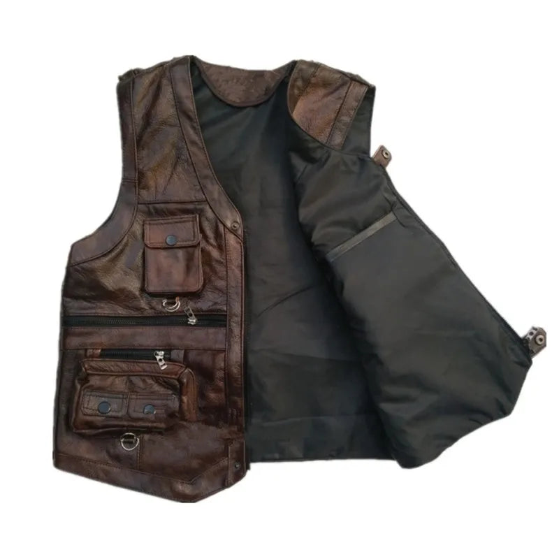 Cowhide Genuine Leather Vest Men Brown Waistcoat Male Sleeveless Jacket Thick High Quality Motorcycle Vest Multi Pocket Zipper