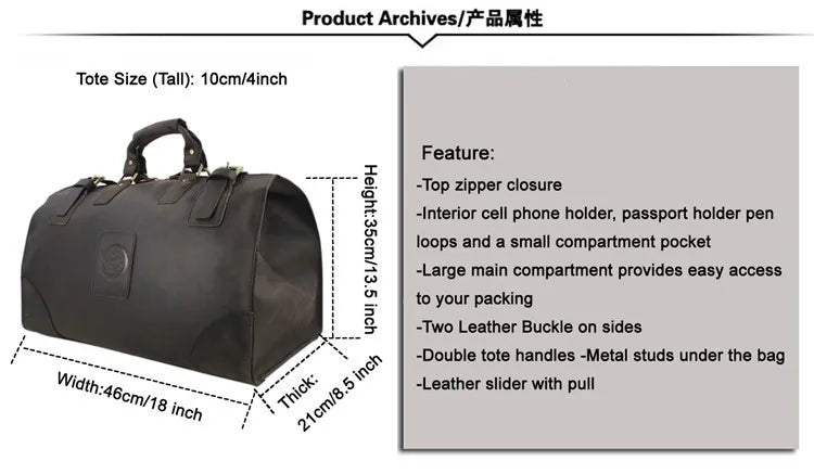 MUNUKI Vintage Crazy Horse Genuine Leather Travel bag Large Luggage bag men Leather duffle bag Large Weekend Bag Tote Big