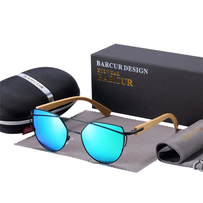 BARCUR Bamboo Cat Eye Sunglasses Polarized Metal Frame Wood Glasses Lady Luxury Fashion Sun Shades With Box