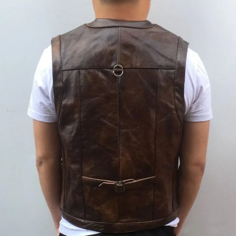 Cowhide Genuine Leather Vest Men Brown Waistcoat Male Sleeveless Jacket Thick High Quality Motorcycle Vest Multi Pocket Zipper