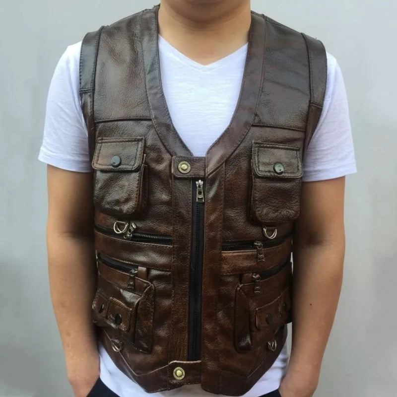 Cowhide Genuine Leather Vest Men Brown Waistcoat Male Sleeveless Jacket Thick High Quality Motorcycle Vest Multi Pocket Zipper