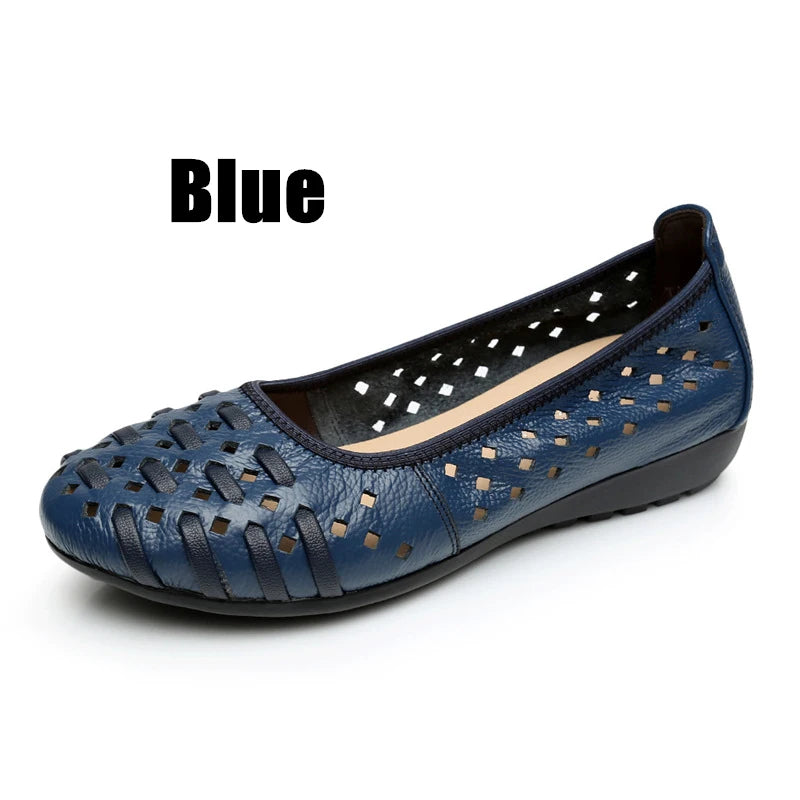 WOIZGIC Mother Women Shoes Sandals Flats Hollow Out Genuine Leather Slip On Loafers Soft Summer Beach Vintage Plus Size 42 43