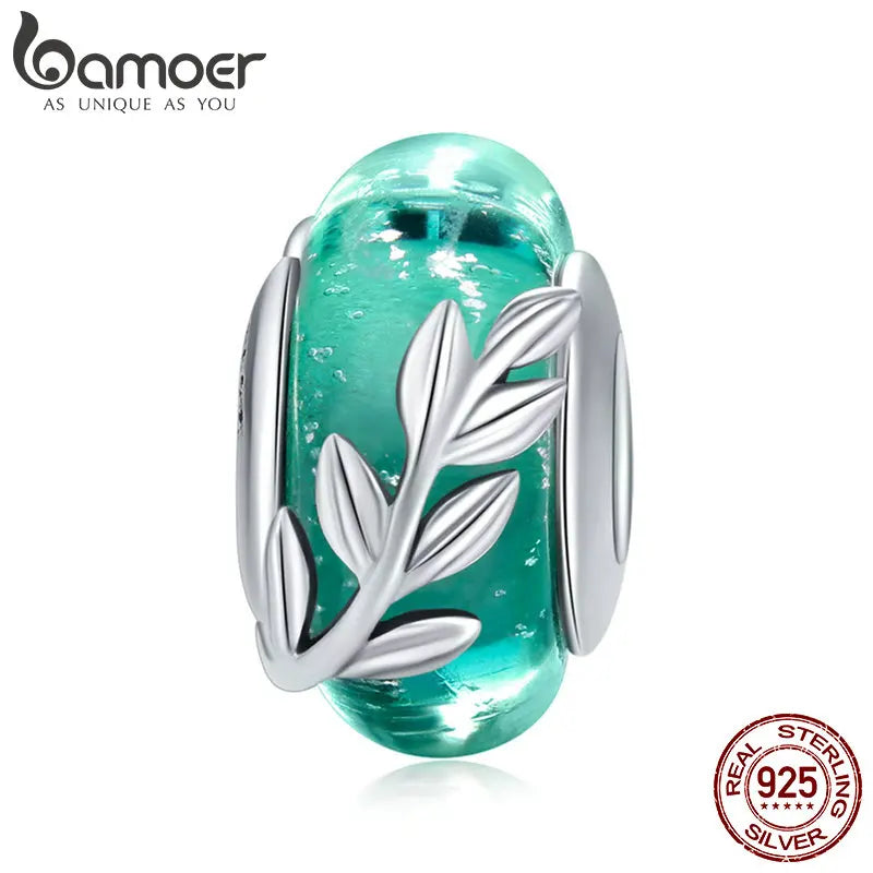 BAMOER Genuine 925 Sterling Silver Tree Leaves Green Leaf Murano Glass Beads Fit Charm Bracelets & Bangles DIY Jewelry SCC863