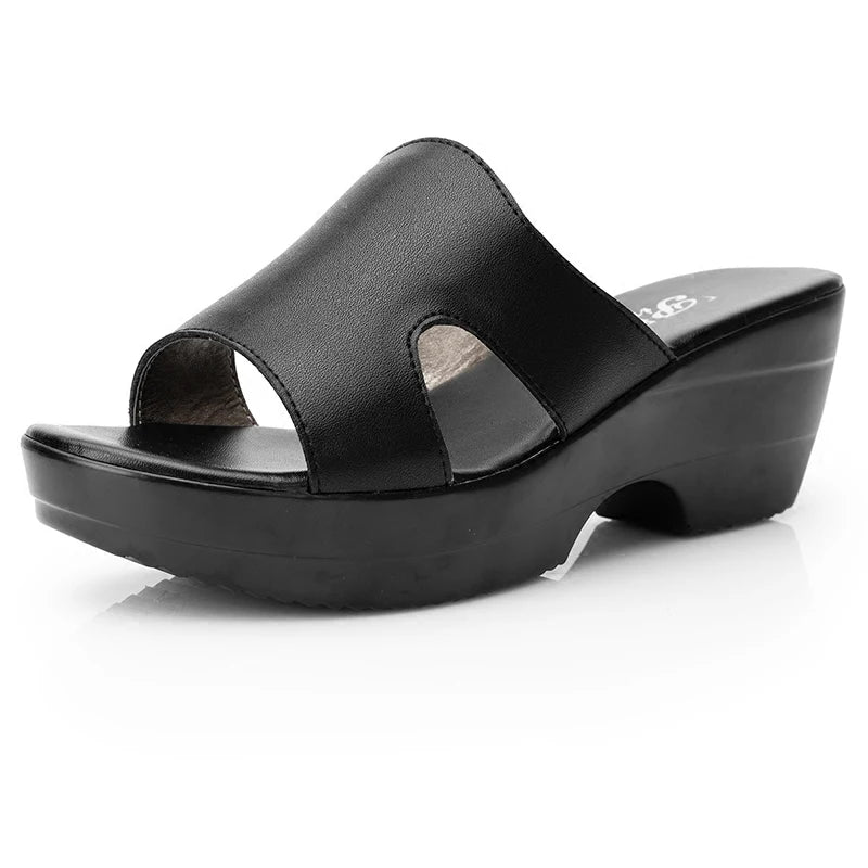 GrabliWorld Women’s Genuine Leather Peep Toe Wedge Sandals Platform Slippers Summer Shoes Plus Size 41-42