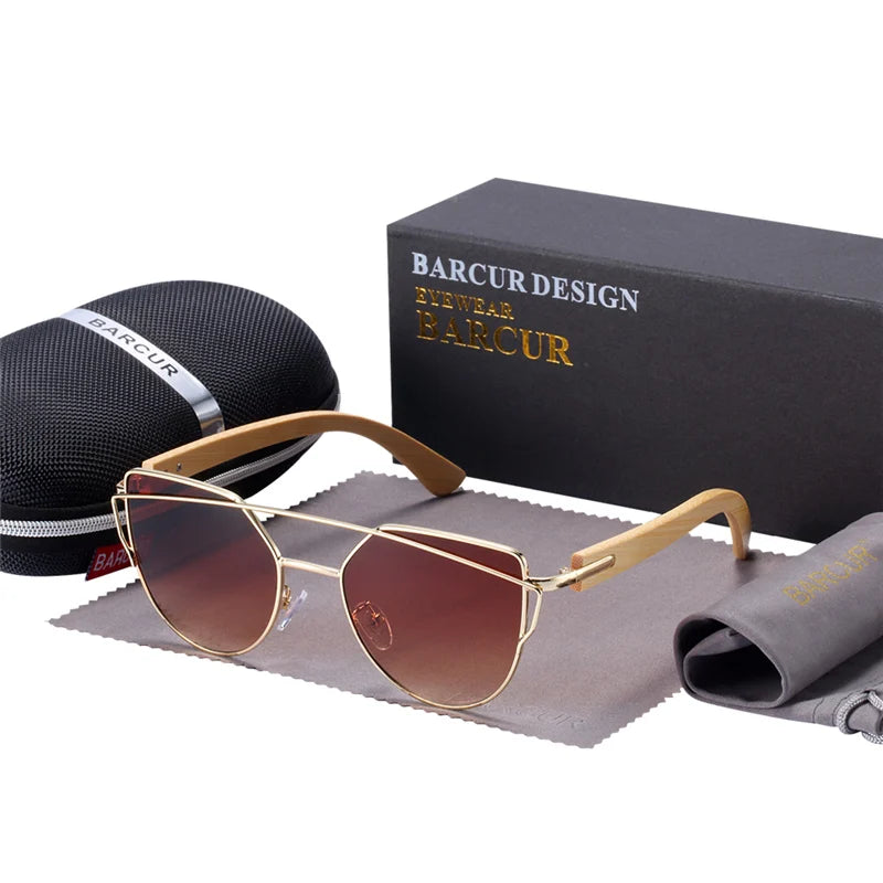 BARCUR Bamboo Cat Eye Sunglasses Polarized Metal Frame Wood Glasses Lady Luxury Fashion Sun Shades With Box