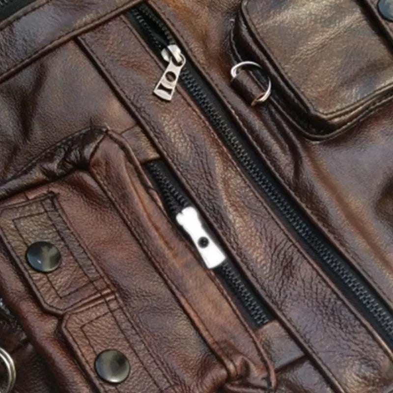 Cowhide Genuine Leather Vest Men Brown Waistcoat Male Sleeveless Jacket Thick High Quality Motorcycle Vest Multi Pocket Zipper