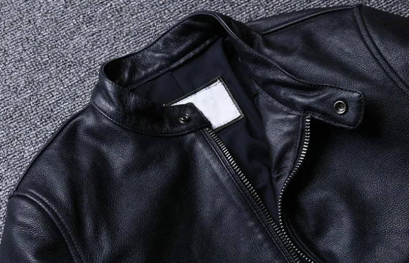 Plus Size 5XL Casual Leather Jacket Men Stand Collar Black 100% Cowhide Jackets Male High Quality Mens Genuine Leather Jacket