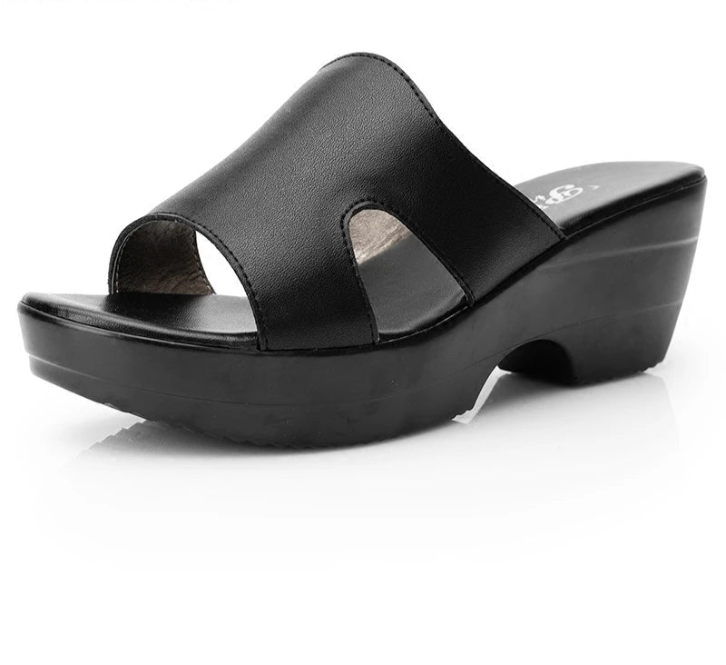 GrabliWorld Women’s Genuine Leather Peep Toe Wedge Sandals Platform Slippers Summer Shoes Plus Size 41-42