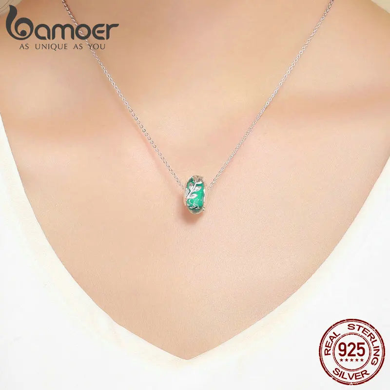 BAMOER Genuine 925 Sterling Silver Tree Leaves Green Leaf Murano Glass Beads Fit Charm Bracelets & Bangles DIY Jewelry SCC863