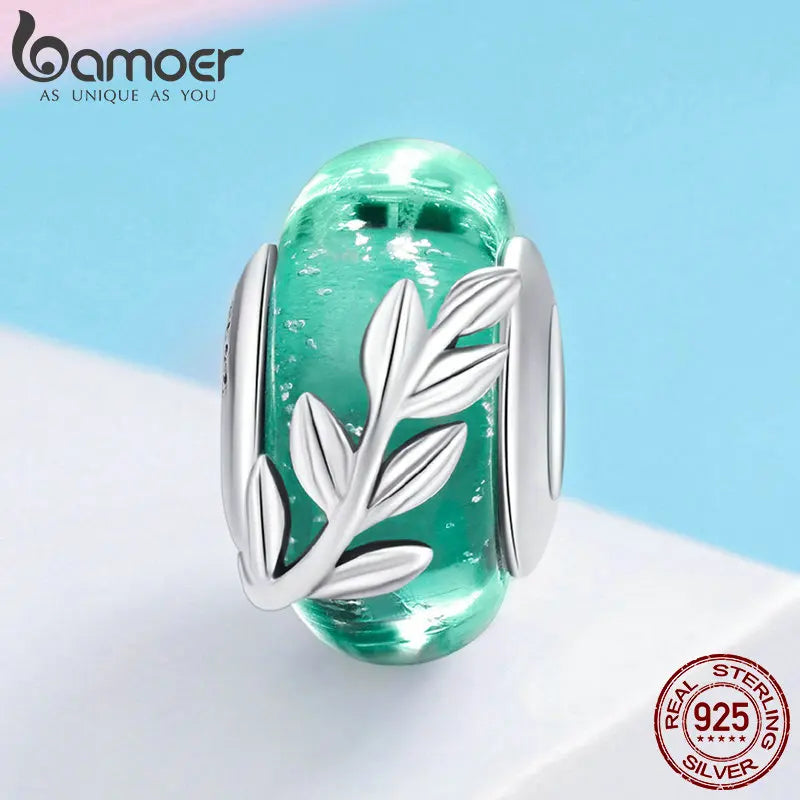 BAMOER Genuine 925 Sterling Silver Tree Leaves Green Leaf Murano Glass Beads Fit Charm Bracelets & Bangles DIY Jewelry SCC863