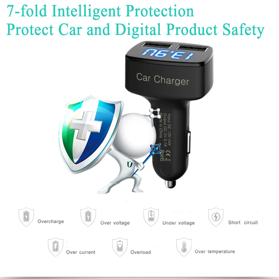 4 In 1 Car Charger Quick Charge 3.1A Dual Usb LCD Display With Temperature/voltage/current Meter Tester Adapter Digital Display
