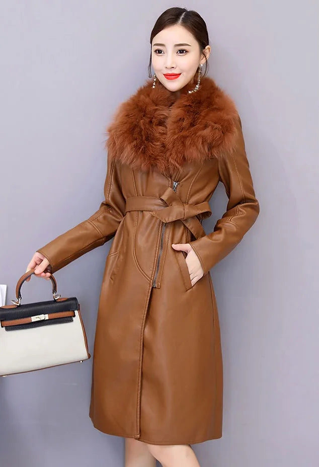 Women's Leather Jacket Winter 2024 New Add Velvet Warm Slim Big Fur Collar Long Leather Coat Female Outerwear With Belt M-4XL
