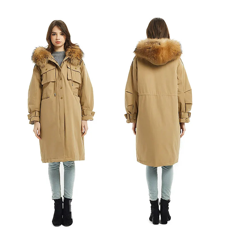 Maomaokong 2025 Winter New Long Down Jacket Women With Natural Real Fur Collar Loose Clothing Outerwear Quality Women Coat Parka