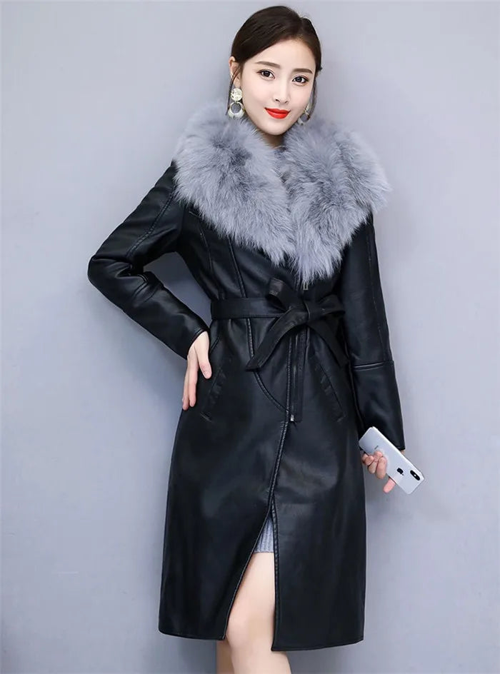 Women's Leather Jacket Winter 2024 New Add Velvet Warm Slim Big Fur Collar Long Leather Coat Female Outerwear With Belt M-4XL