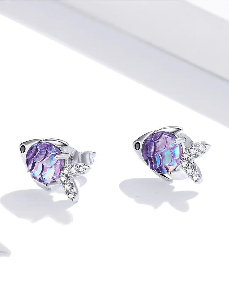 Bamoer 925 Sterling Silver Purple Fish Jewelry Set Happy Tropical Litte Fish Earrings Necklace for Women Fashion Jewelry SCE1028