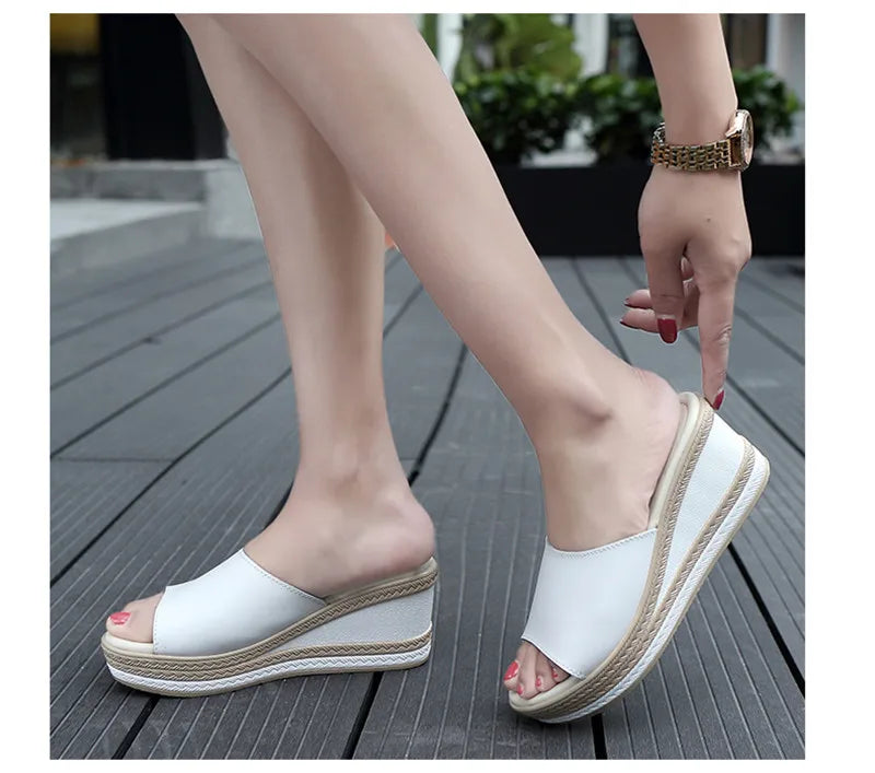 Women’s Split Leather Wedge Platform Slippers – Summer Slides