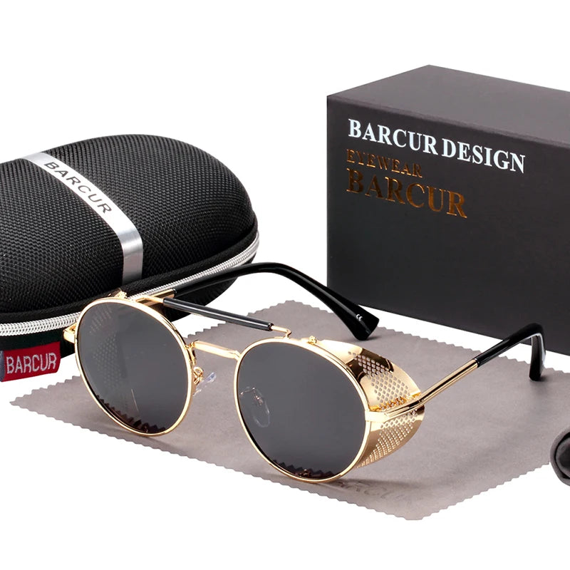 BARCUR Vintage Retro Round Polarized Steampunk Sunglasses Men Sun Glasses For Women Style UV400 Protection