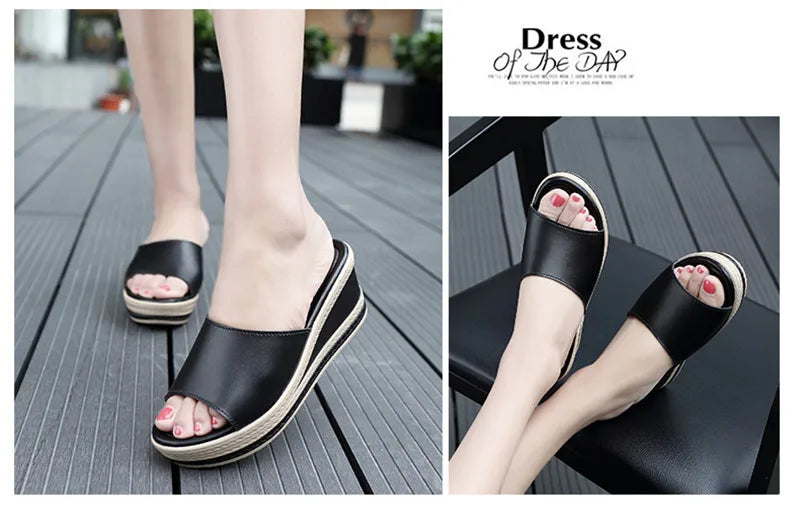 Women’s Split Leather Wedge Platform Slippers – Summer Slides
