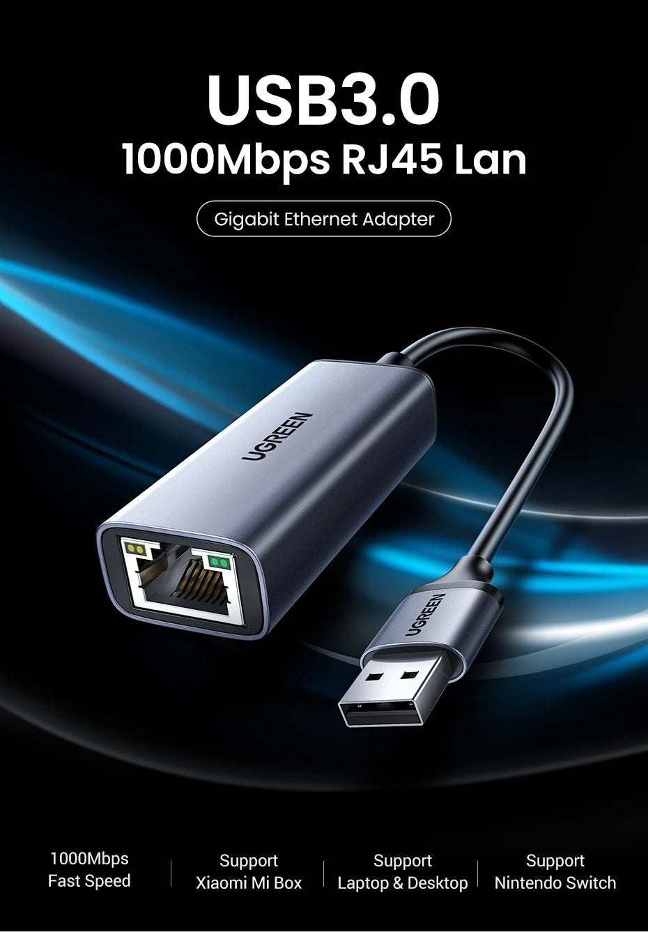 UGREEN USB Ethernet Adapter USB 3.0 Network Card to USB RJ45 Lan for PC Windows 10 Xiaomi Mi Box 3/S Nintend Switch Ethernet USB
