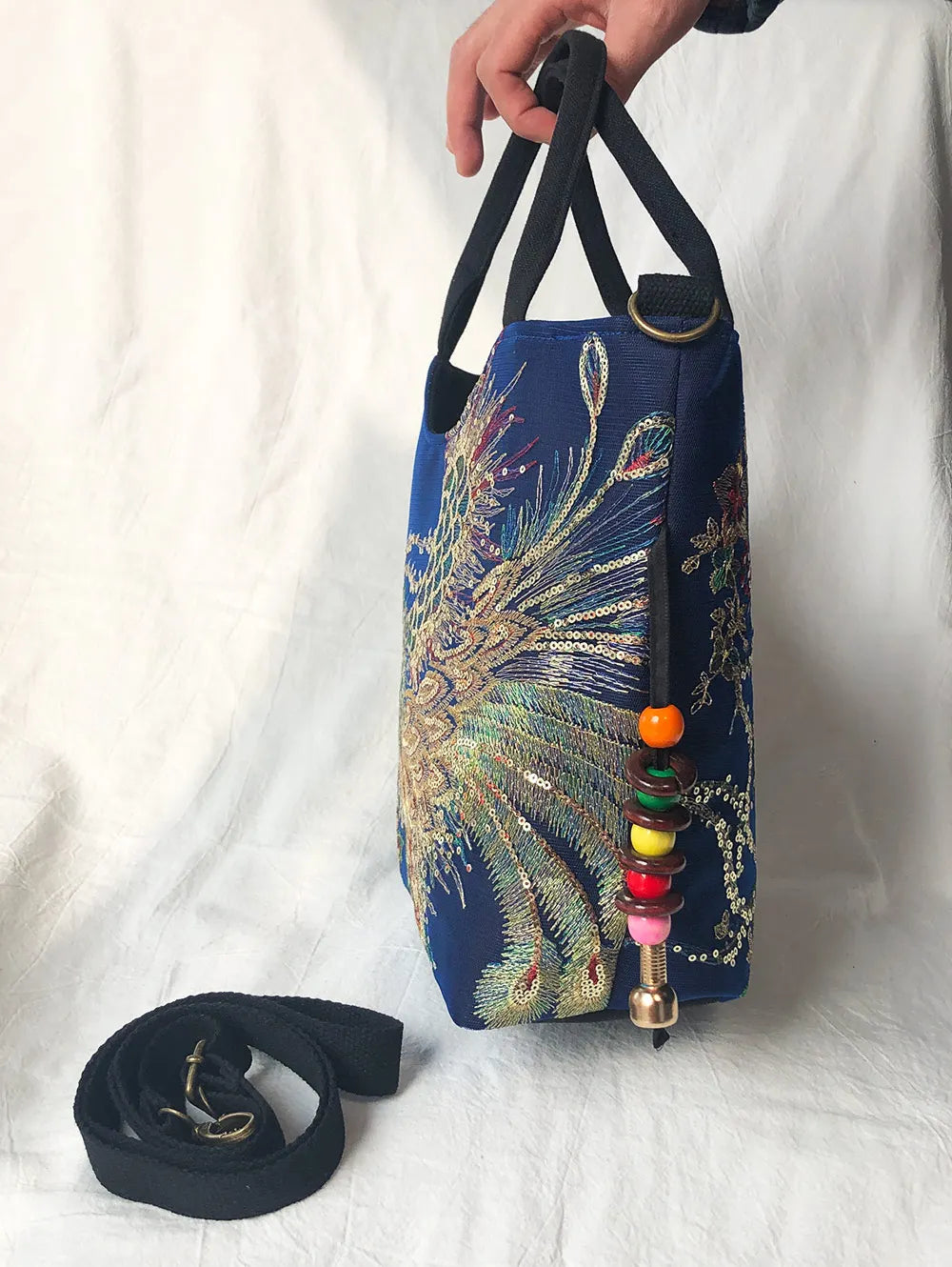 Veowalk Summer Women Shiny Peacock Embroidered Tote Bag Retro Ladies Casual Large Shopping Handbag with Shoulder Belts Handmade
