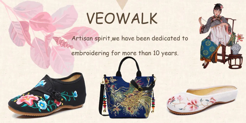 حذاء Veowalk نسائي عتيق من القطن مطرز بالزهور كاجوال مريح من القماش الناعم على الطراز الصيني للرقص والباليه