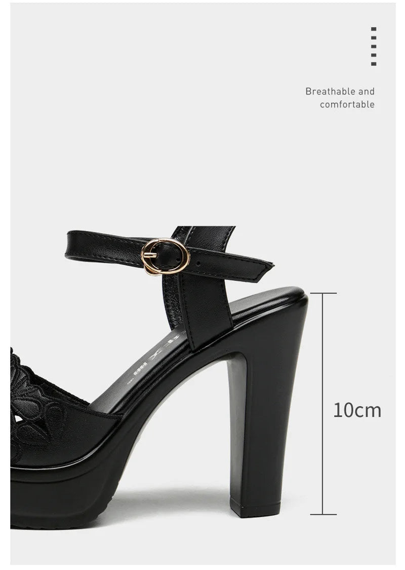 Women’s Plus Size Floral Carved Block Heel Buckle Platform Sandals – Wedding & Office Shoes