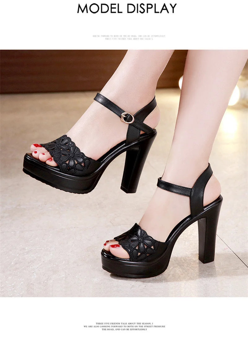 Women’s Plus Size Floral Carved Block Heel Buckle Platform Sandals – Wedding & Office Shoes