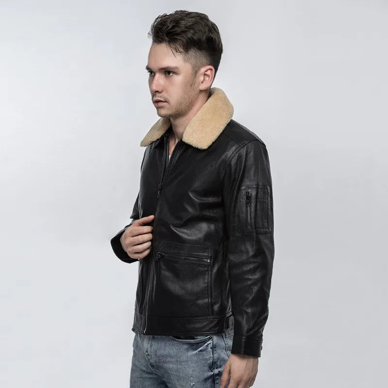 Top Quality Mens Air Force Pilot Sheepskin Genuine Leather Jacket Slim Fit Sheep Fur Collar Padded Coat Chaqueta Motor Hombre