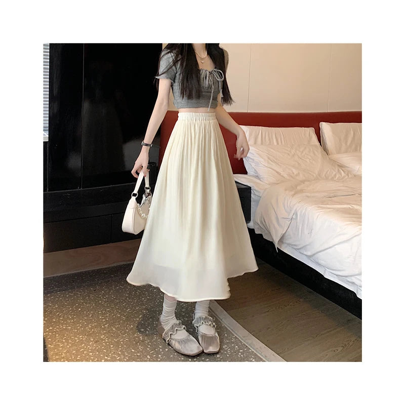 QFZ460 Korean Version Loose Ruffled Chiffon Women's Mid Length Dress 2023 Summer Women's High Waisted Versatile