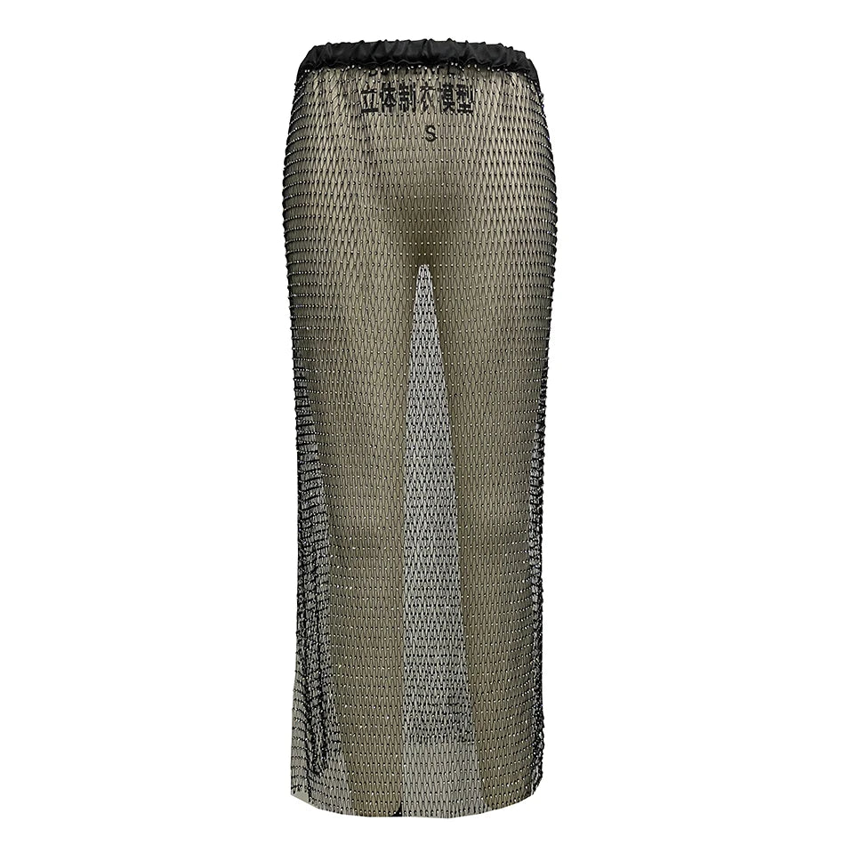 Shiny Crystal Mesh Hollow Split Loose Skirt – Sexy Rhinestone Party Skirt