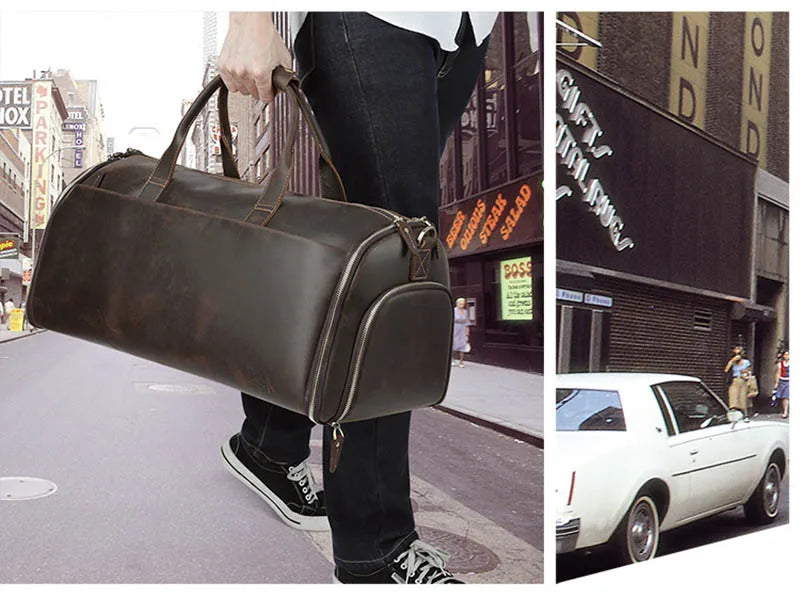 Crazy Horse Leather Folding Suit Bag Man Business Travel Bag With Shoe Pocket Clothes Cover Luggage Duffel Bag Man Bag For Suits