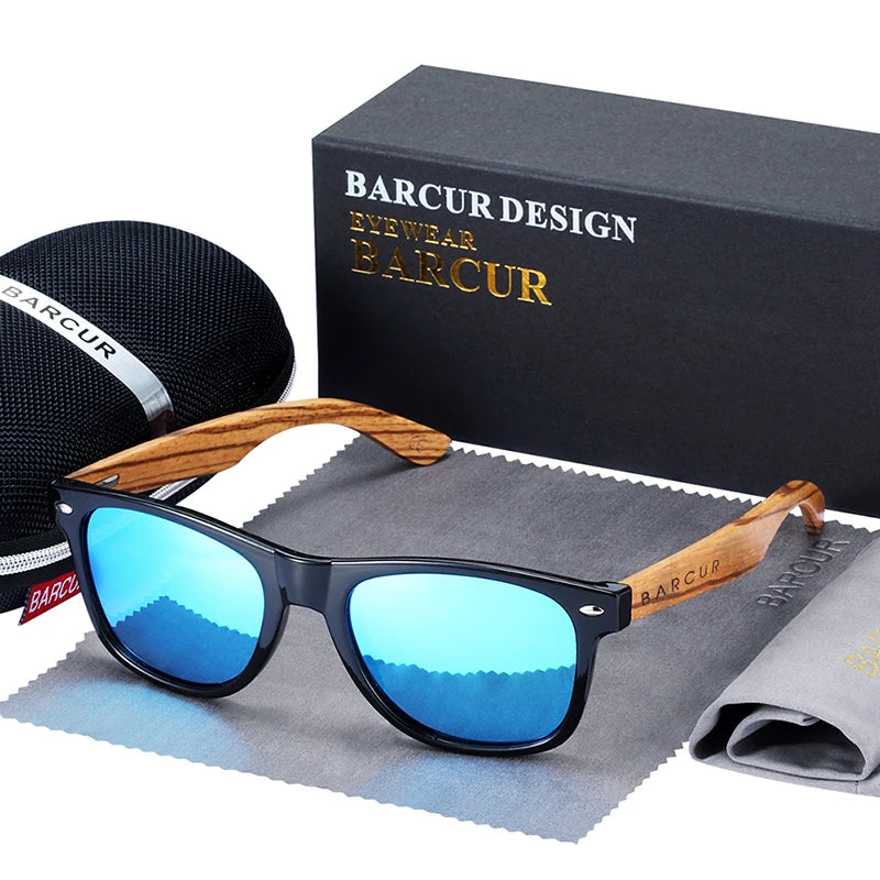 BARCUR Natural Zebra Wood Sun Glasses Polarized Sunglasses Wood Rectangle Mirror Lens Driving UV400 Men Women Eyewear