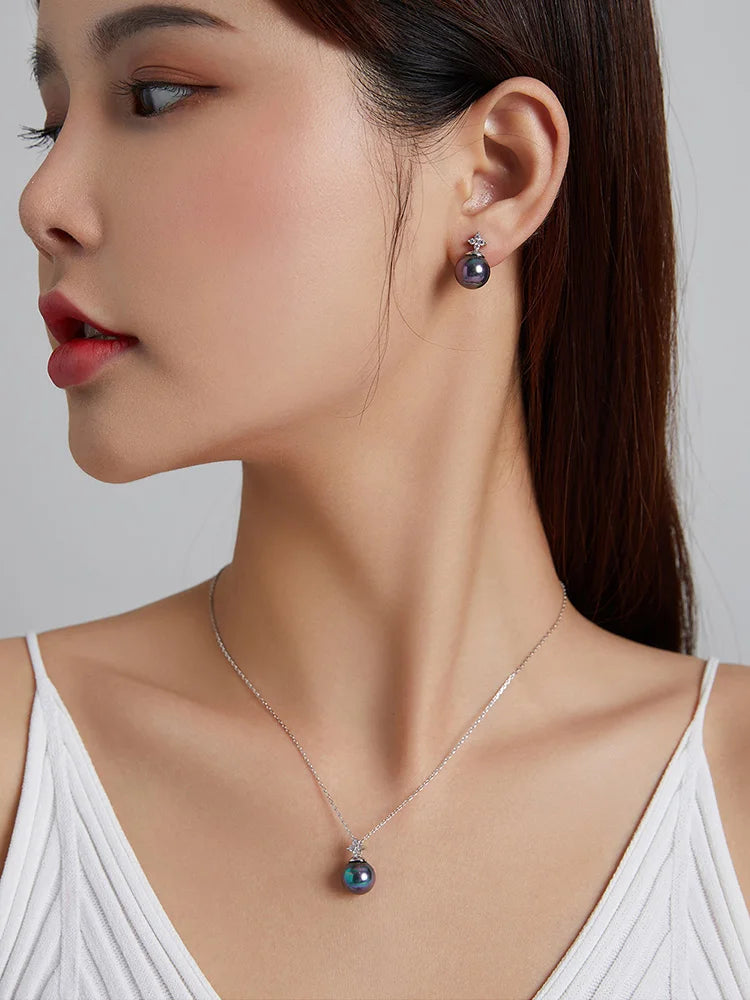 bamoer 925 Sterling Silver Elegant Black Pearl Earrings Necklace Shell Pearl Necklace Chain for Women Fine Jewelry Set BSN226