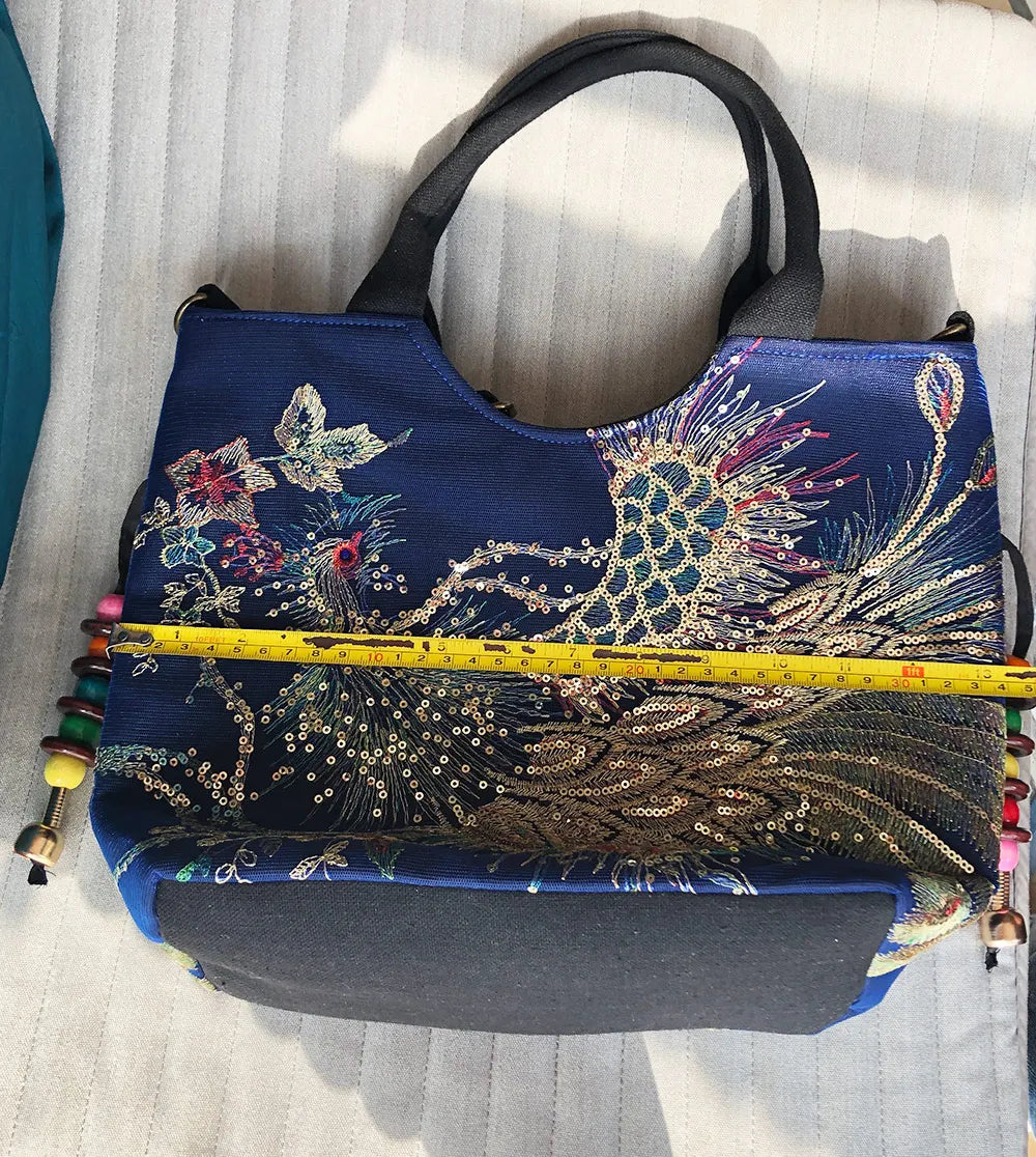 Veowalk Summer Women Shiny Peacock Embroidered Tote Bag Retro Ladies Casual Large Shopping Handbag with Shoulder Belts Handmade