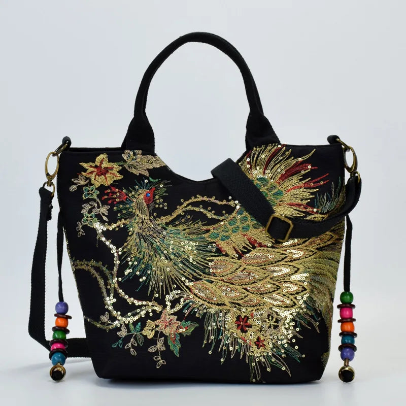 Veowalk Summer Women Shiny Peacock Embroidered Tote Bag Retro Ladies Casual Large Shopping Handbag with Shoulder Belts Handmade
