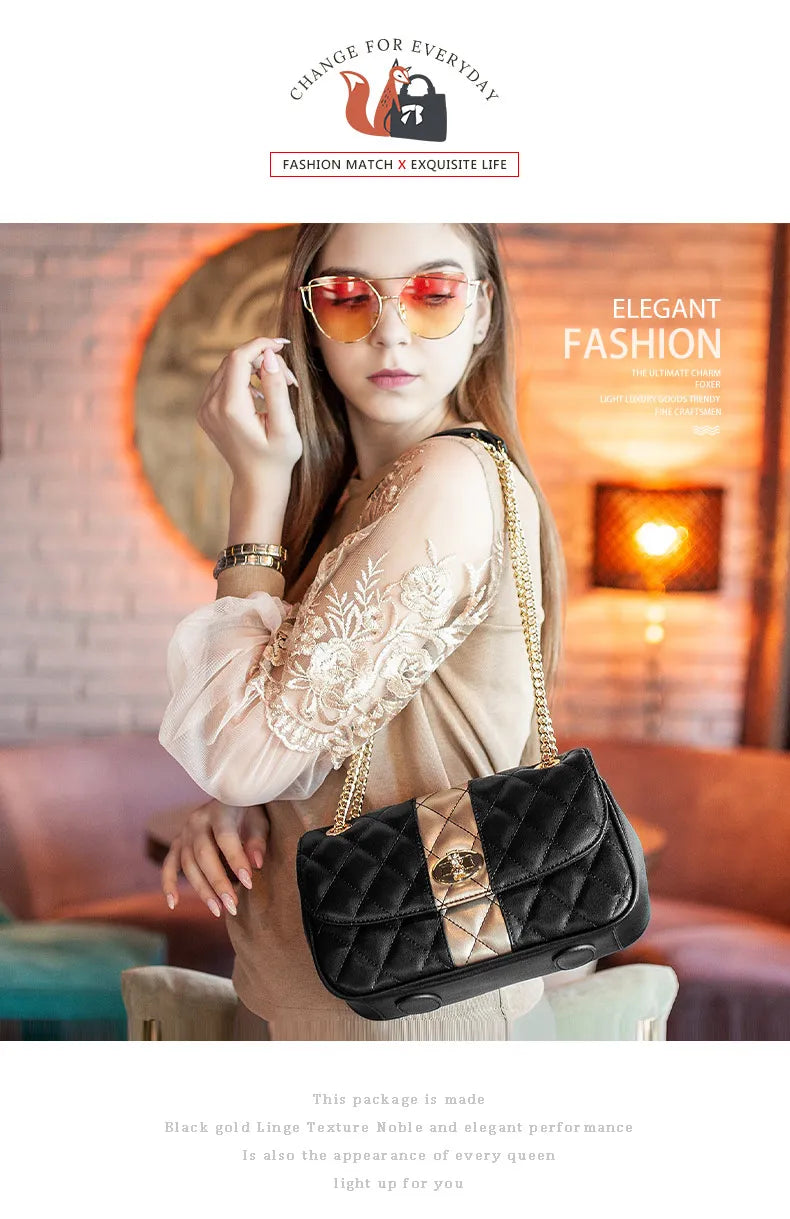 FOXER Women Crossbody Bag Diamond Lattice Handbag Lady Armpit Shoulder Bag Girl's Split Leather Chain Strap Black Messenger Bags