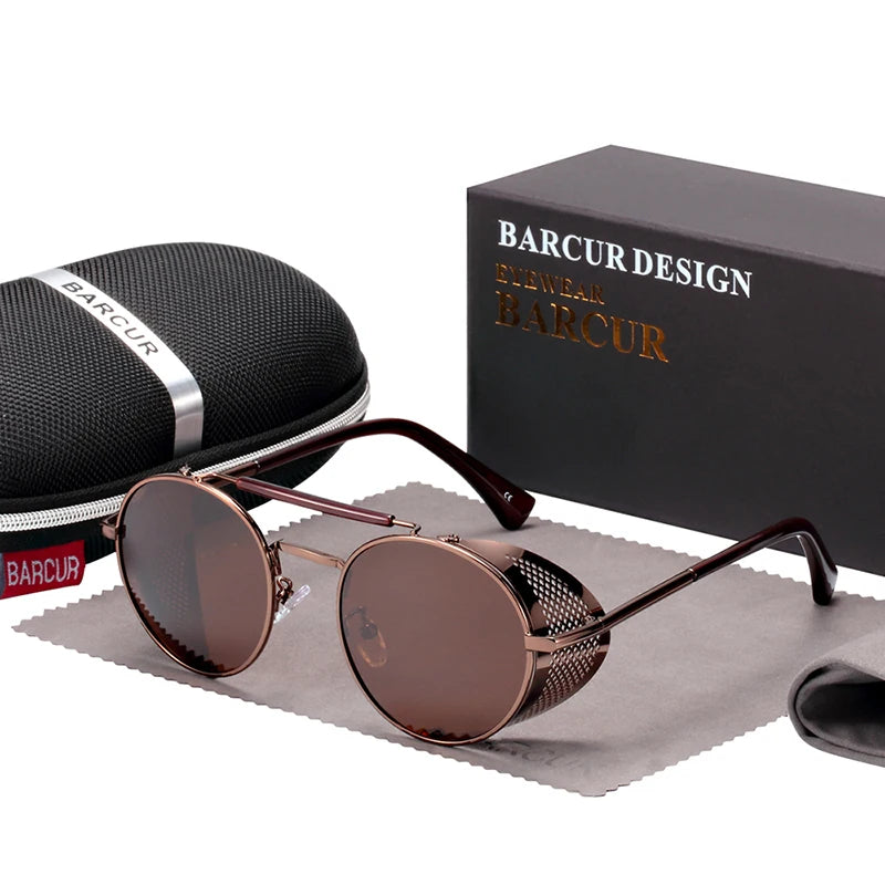 BARCUR Vintage Retro Round Polarized Steampunk Sunglasses Men Sun Glasses For Women Style UV400 Protection