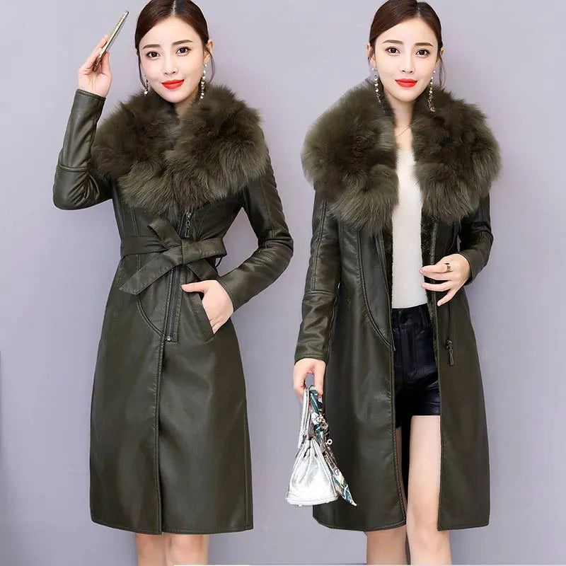 Women's Leather Jacket Winter 2024 New Add Velvet Warm Slim Big Fur Collar Long Leather Coat Female Outerwear With Belt M-4XL
