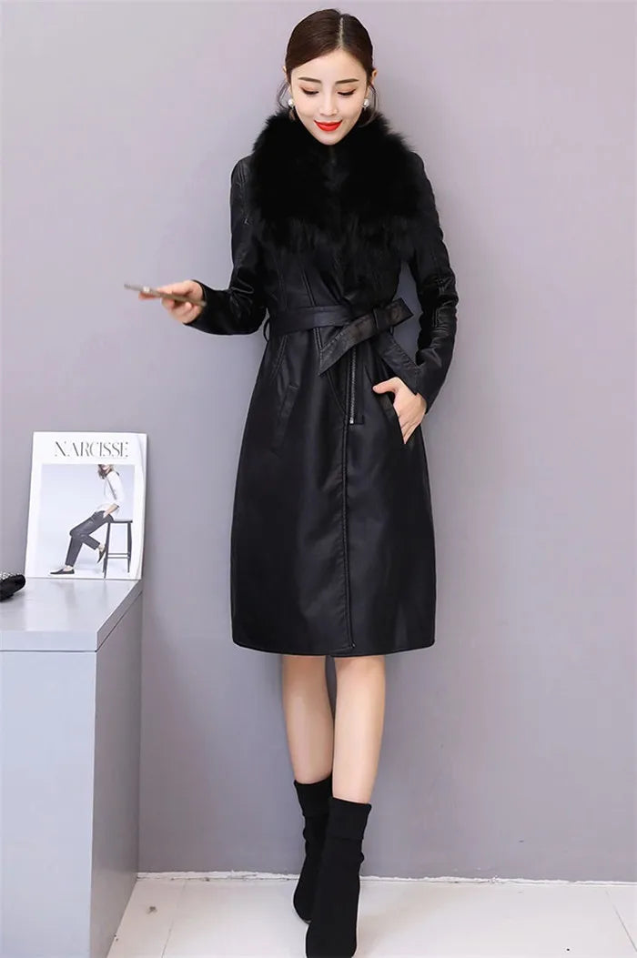 Women's Leather Jacket Winter 2024 New Add Velvet Warm Slim Big Fur Collar Long Leather Coat Female Outerwear With Belt M-4XL