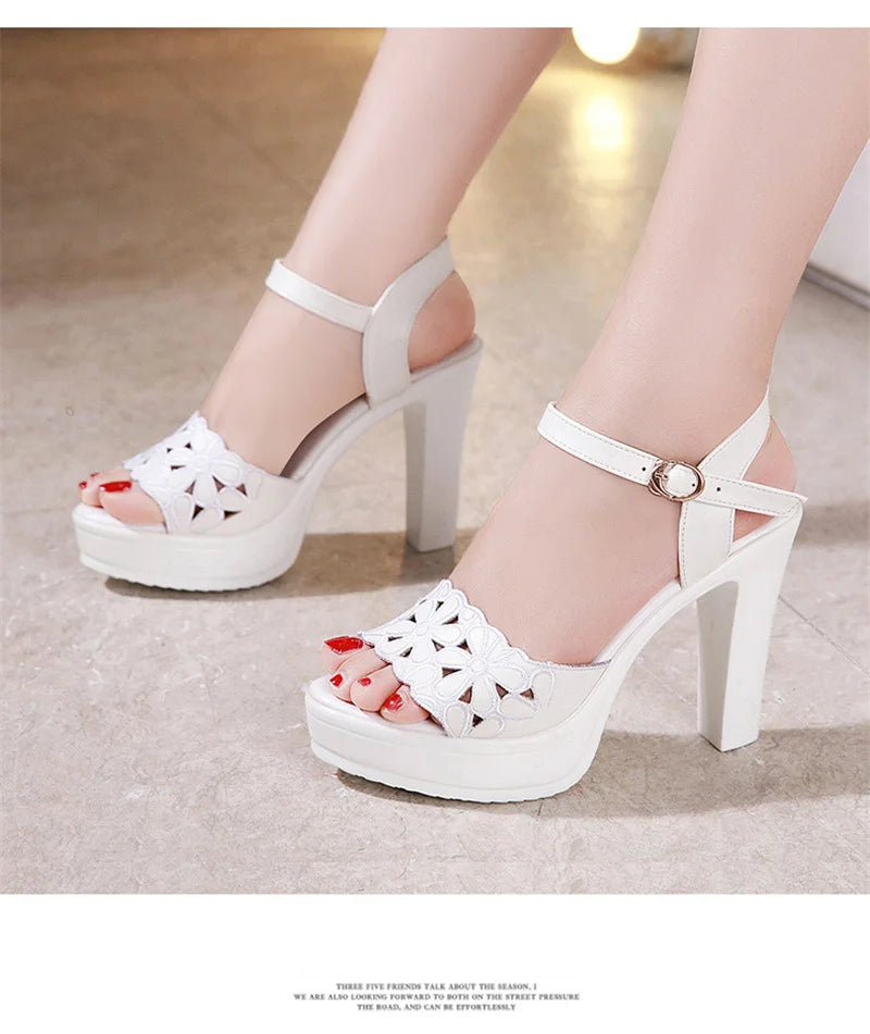 Women’s Plus Size Floral Carved Block Heel Buckle Platform Sandals – Wedding & Office Shoes