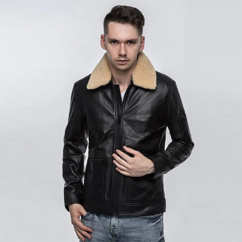 Top Quality Mens Air Force Pilot Sheepskin Genuine Leather Jacket Slim Fit Sheep Fur Collar Padded Coat Chaqueta Motor Hombre