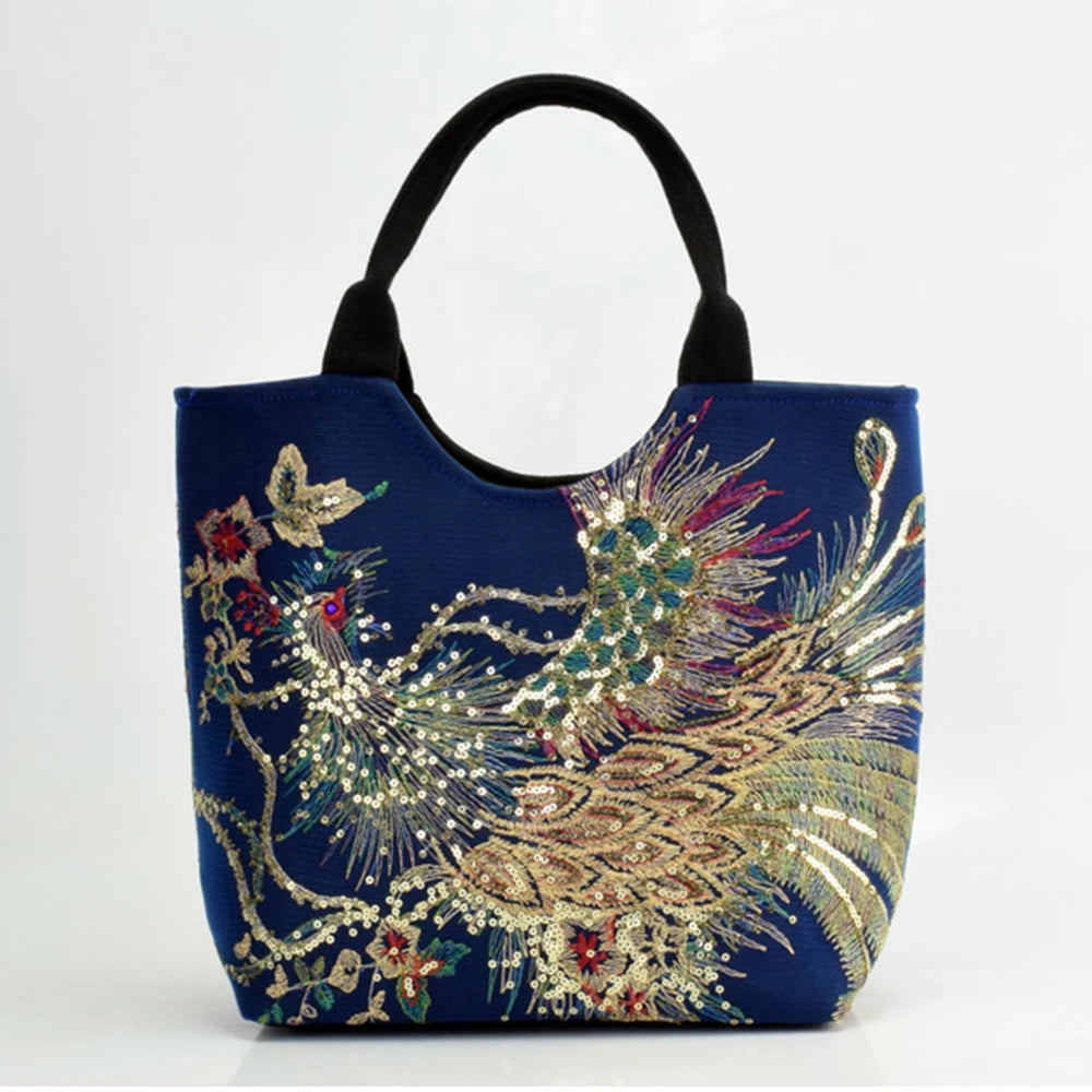 Veowalk Summer Women Shiny Peacock Embroidered Tote Bag Retro Ladies Casual Large Shopping Handbag with Shoulder Belts Handmade