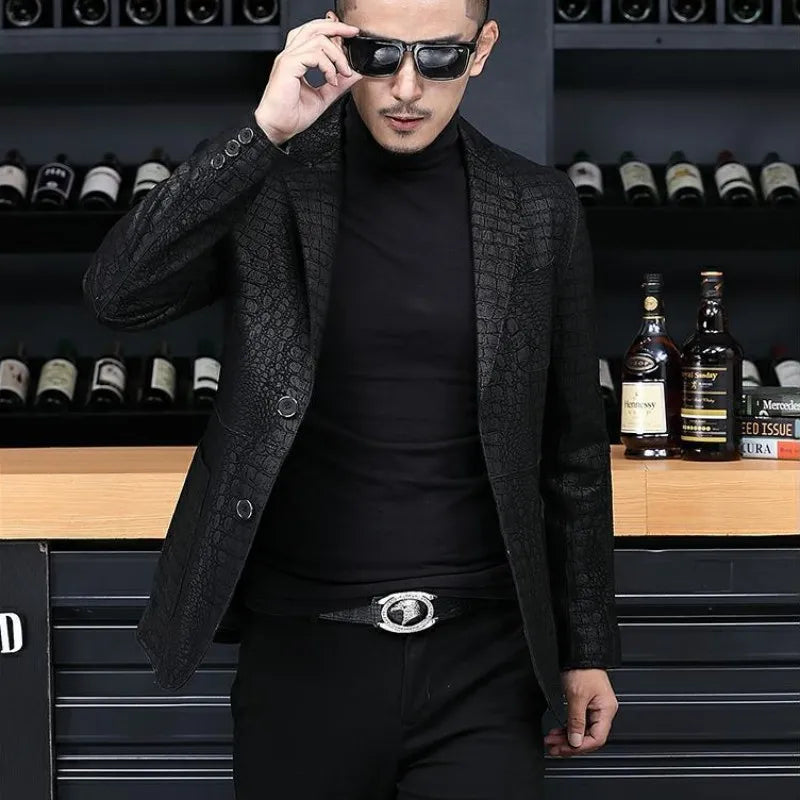 Autumn Business Men Sheepskin Genuine Leather Blazer Jacket Slim Fit Single Breasted Office Work Crocodile Pattern Suit Coat 4XL