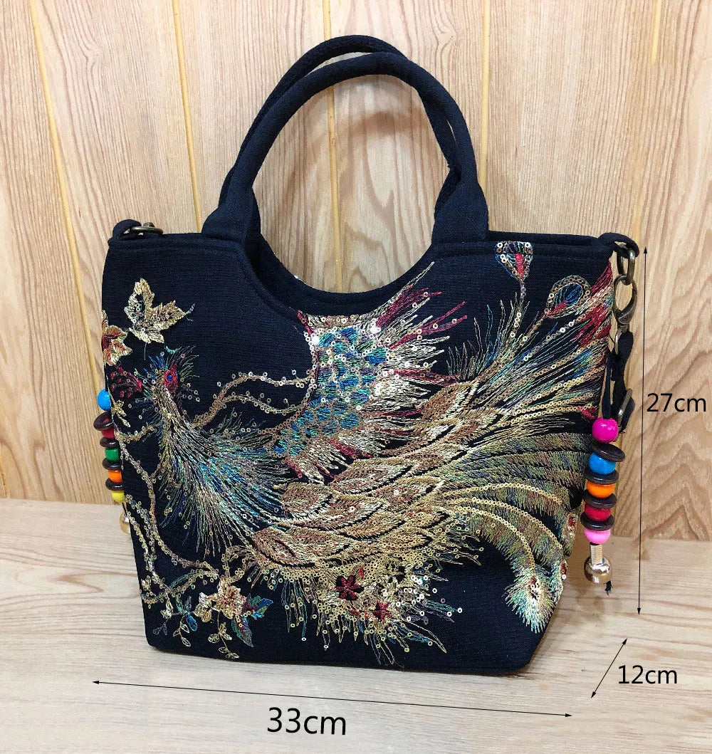 Veowalk Summer Women Shiny Peacock Embroidered Tote Bag Retro Ladies Casual Large Shopping Handbag with Shoulder Belts Handmade